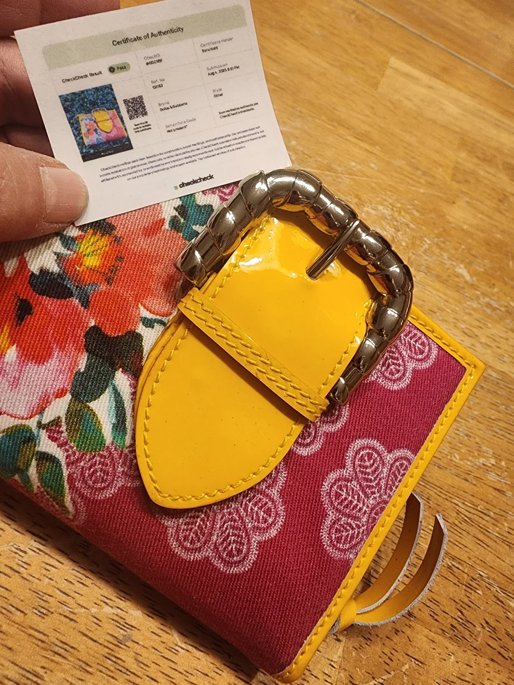 Dolce & Gabbana floral and pink fabric wallet  bright yellow patent leather